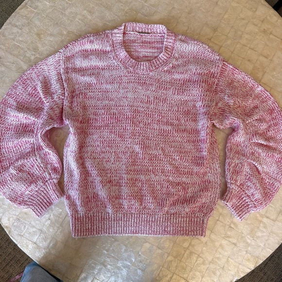$275 ELIE TAHARI Puff Sleeve Sweater Pink Combo Peruvian 100% Cotton white M - Picture 6 of 14